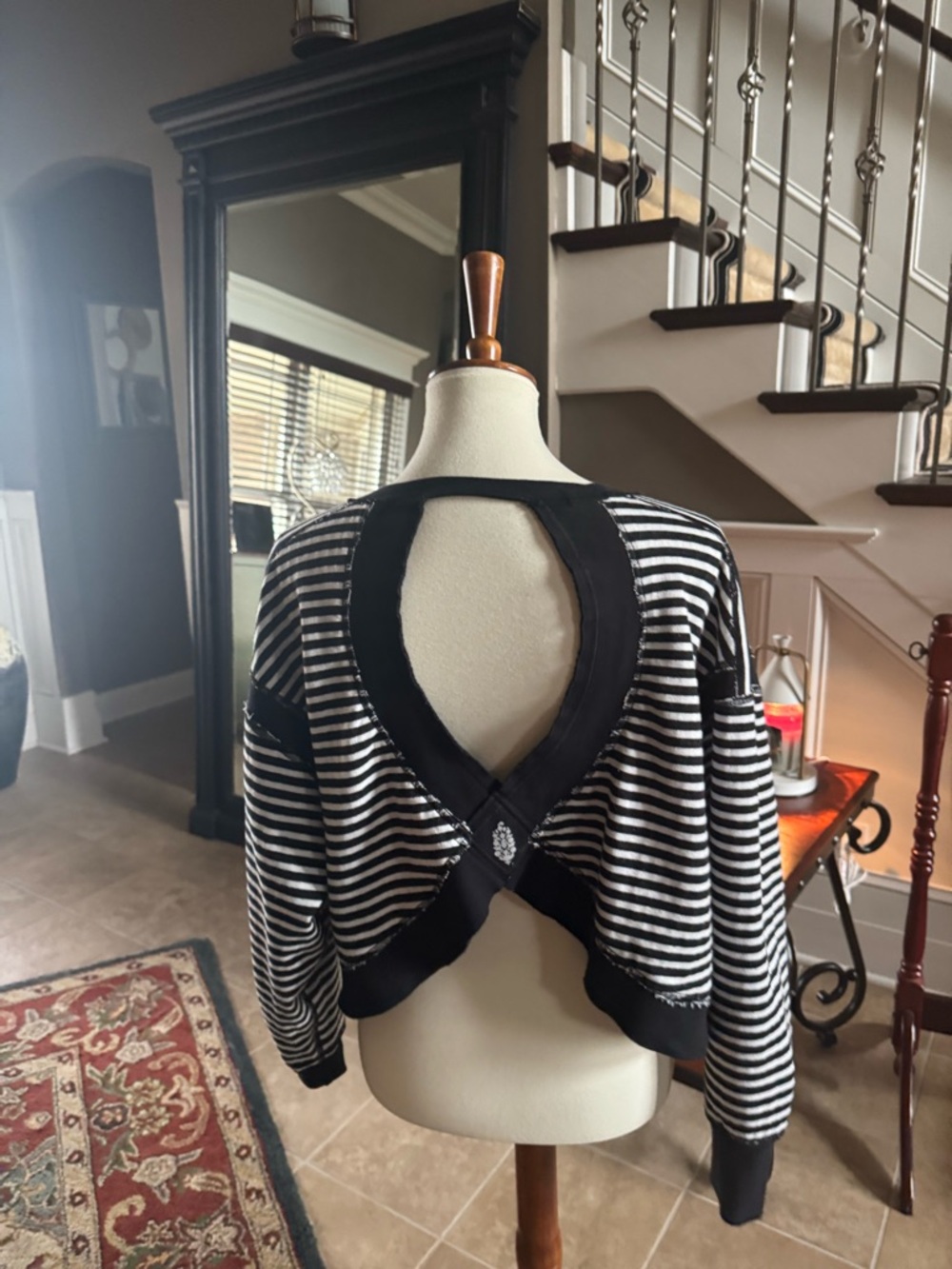 Free People Black and White Striped Open-Back Crop Top